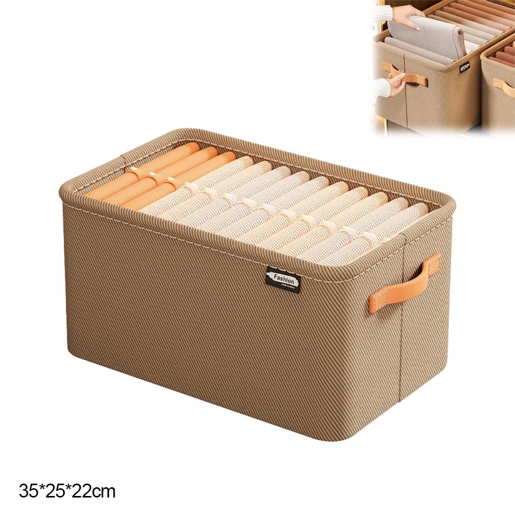 

Durable Linen Fabric Wardrobe Storage Box With Reinforced Handles Striped Clothes Organizer Bin For Folded T-Shirts Leggings 1Pc