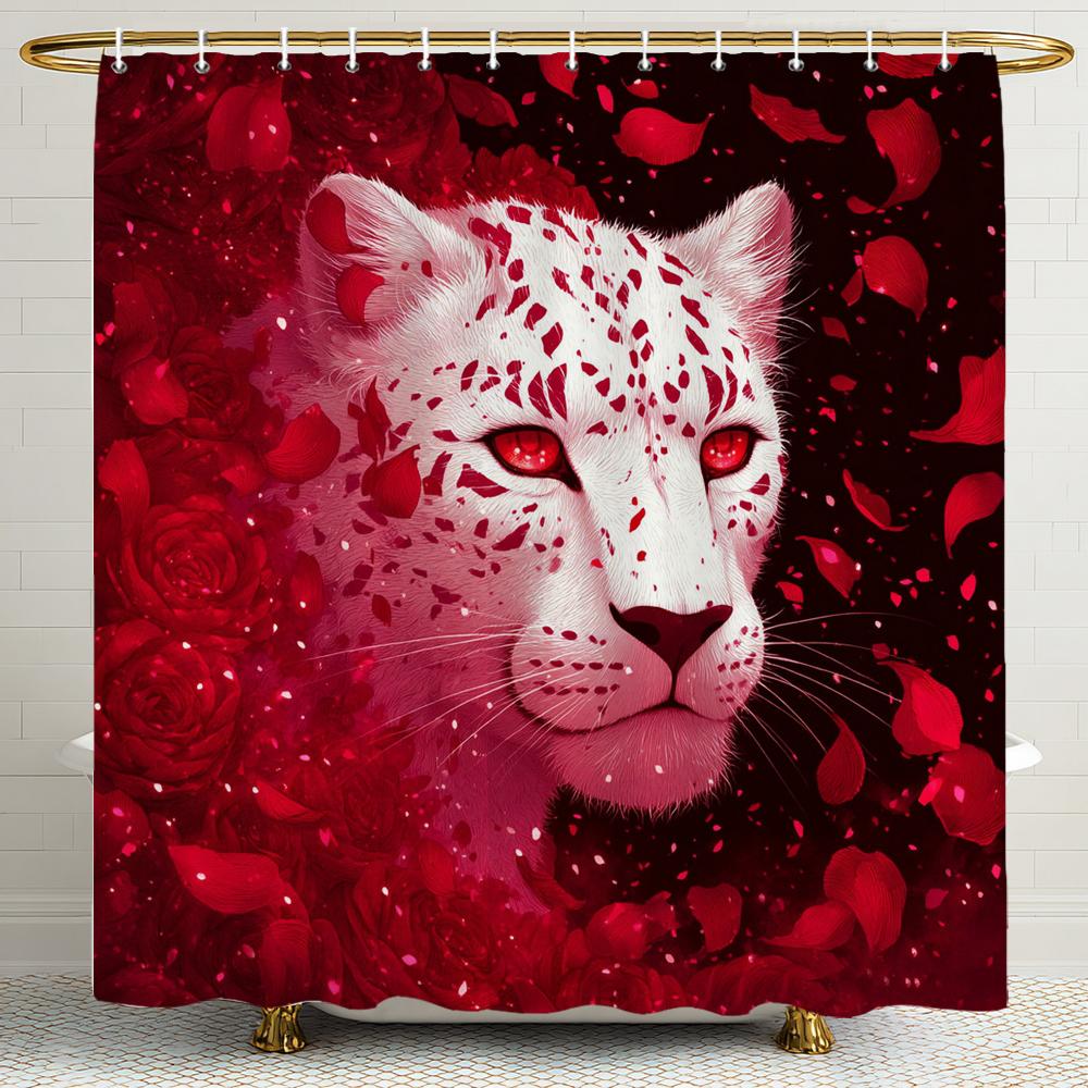 Cougar And Red,Blue Rose Shower Curtain, Animal Pattern Bathroom Decorative Shower Curtain, Printed Shower Curtain With Hooks