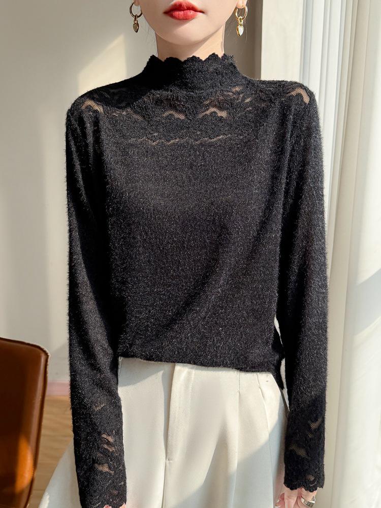 Cross 2025 Autumn/Winter Lace Color Block Knit Pullover with Half-High Collar and Long Sleeves