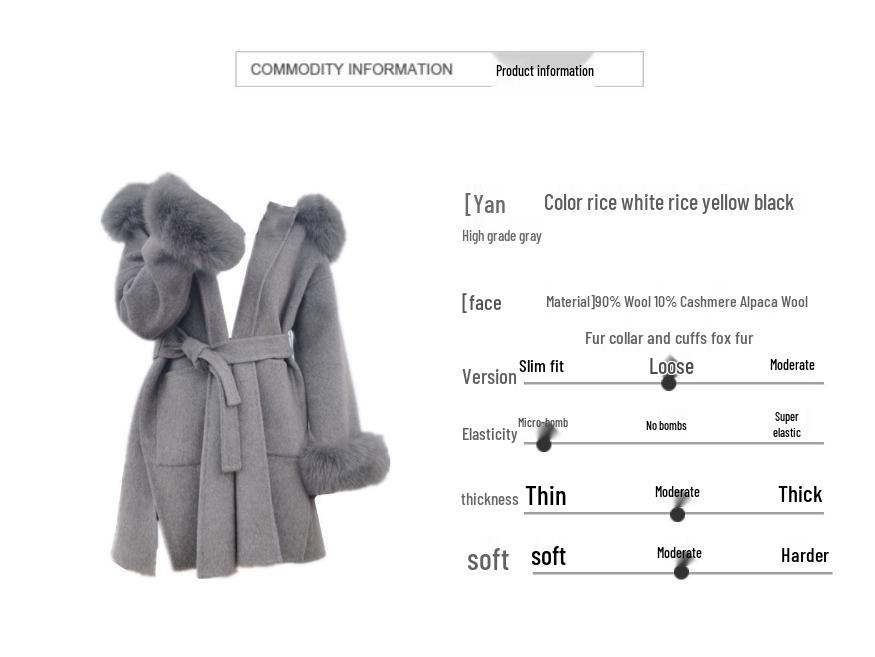 Double-Faced Cashmere Coat with Fox Fur Collar & Cuffs Hooded Mid-Length Loose Fit