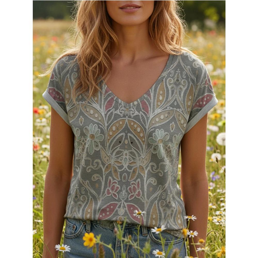 Damen Sommer T-Shirt Schöner Blumenprint Kurzarm-T-Shirts Lässige Bedruckte Tops