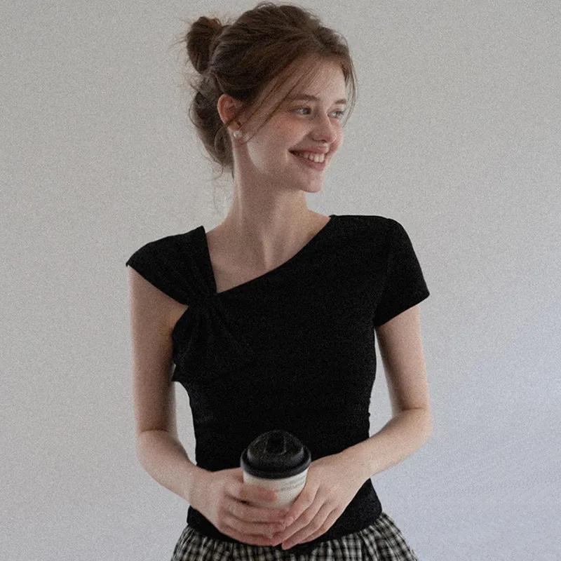 Женский Черный Асимметричный Вырез Укороченный Топ С Коротким Рукавом Облегающий Повседневная Футболка Топ S