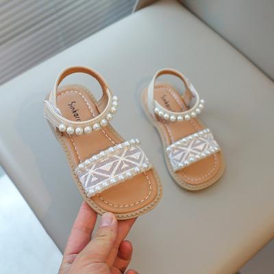Sandalias de Princesa para Niñas 2024 Nuevo Verano Clásico Encaje con Perlas Cuentas Sandalias Planas para Niños Puntera Abierta Antideslizante Suave Zapatos para Niños