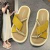 Thick bottom heightening outer wear one-word slippers summer new fairy wind French beach pearl cool slippers