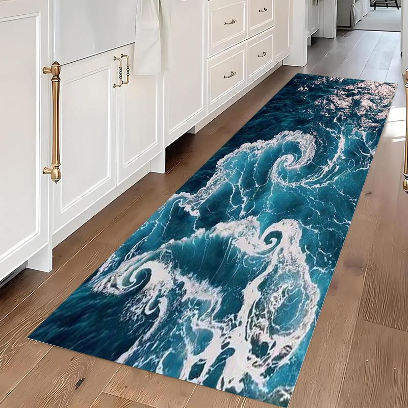Blue Waves Surging On The Sea Surface Nordic Style Fluid Art Print Long Carpet Runner Kitchen Floor Mat Home Decor Rug