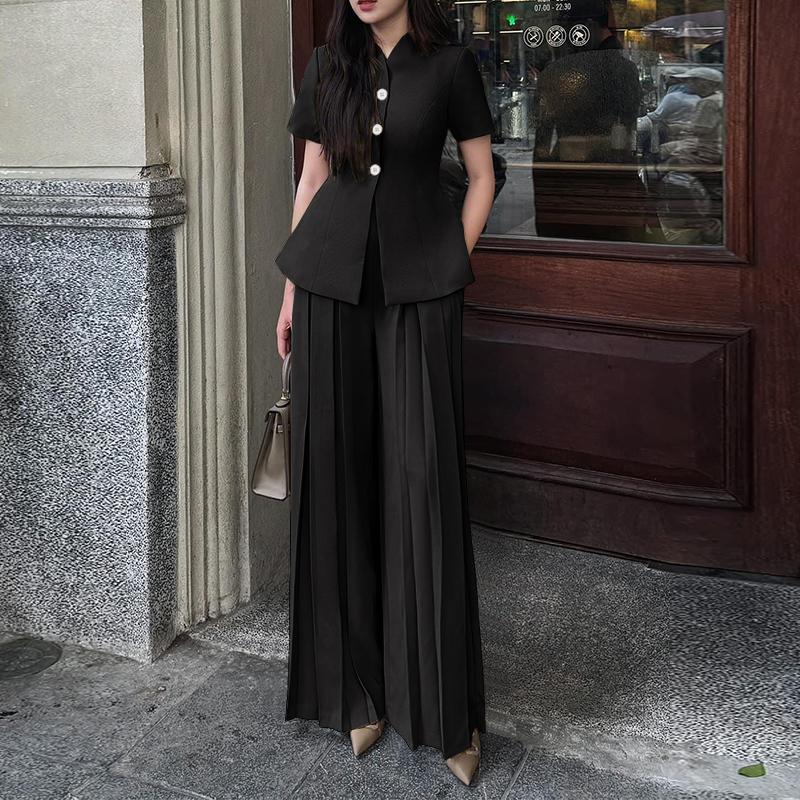 

ZANZEA Women Short Sleeve Blouse and Wide Leg Pants Casual Two Piece Suit Set S чорний