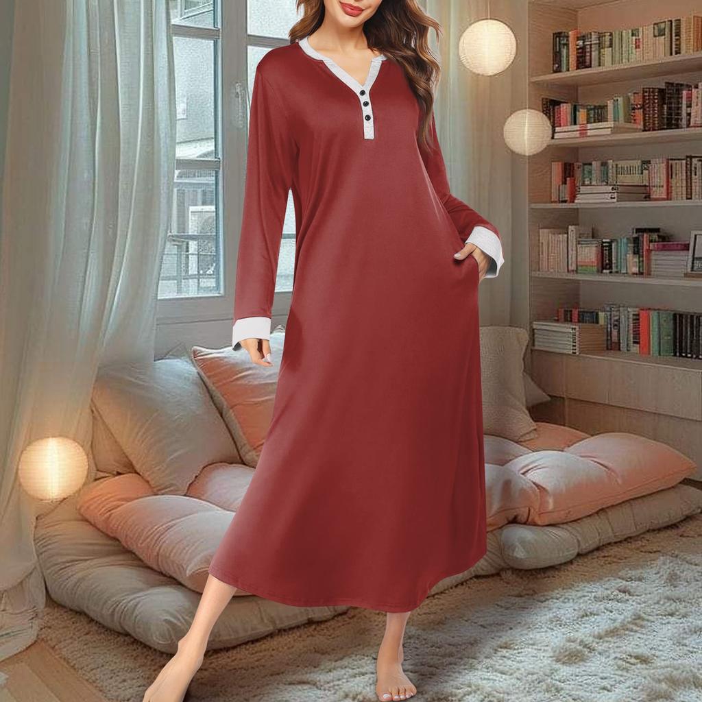 Women's Nightgown Long Housecoat V Neck Pajama Dress With Pockets