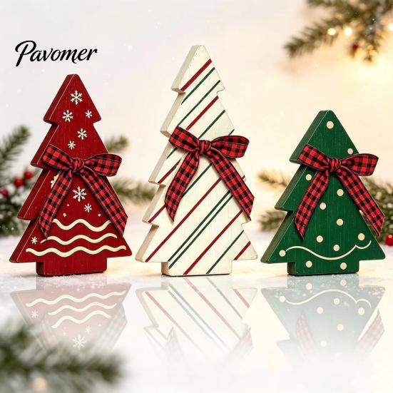Vintage Country Style Home Accents 3Pcs Wooden Christmas Tree Ornaments with Plaid and Hemp Rope Bow, Rustic Farmhouse Small Figurines Polka Dot Xmas