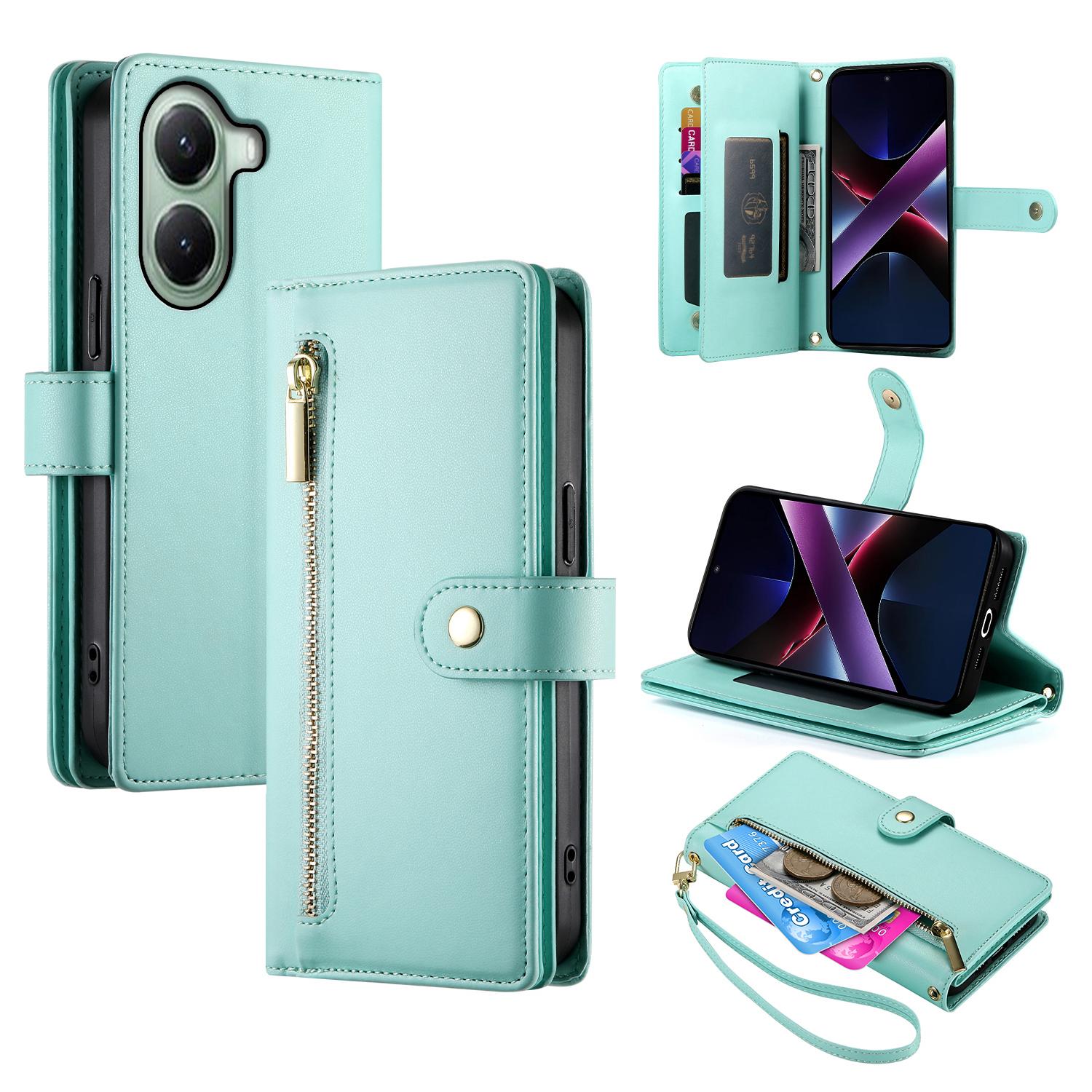 

DF-011 For Xiaomi Poco X7 Pro 5G/Redmi Turbo 4 5G Case Zipper Pocket Wallet Leather Phone Cover with Straps Mint Green