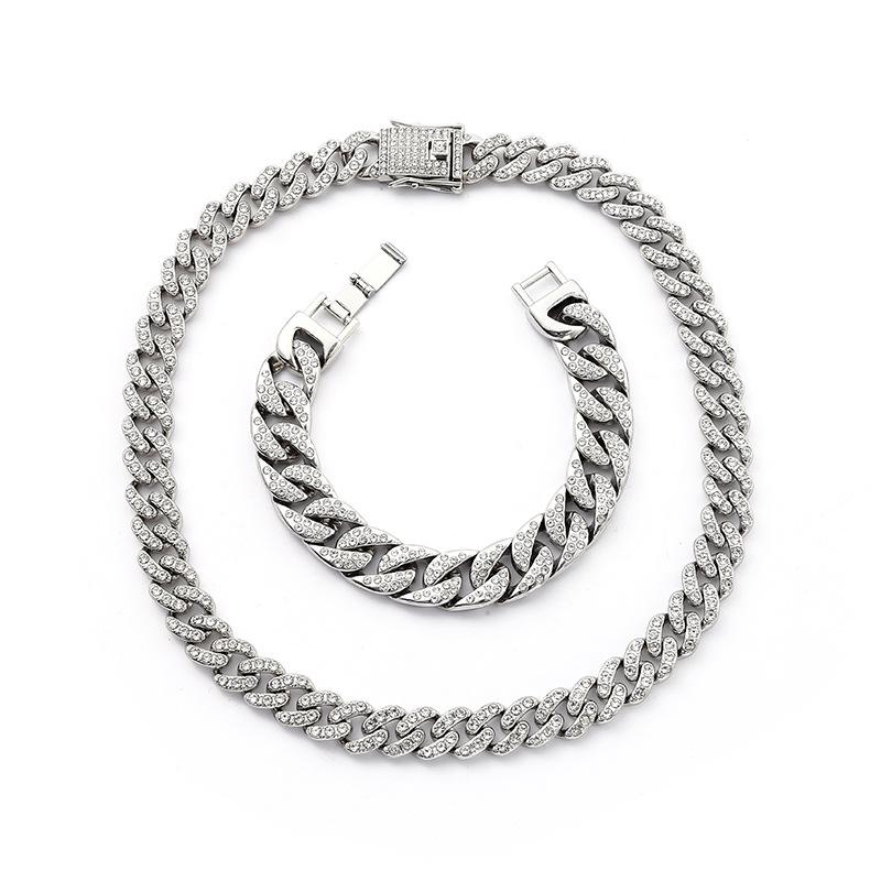 European and American Hip Hop Hipster Cuban Diamond Bracelet, 14mm Fat Chain Men and Women Hiphop Gold-plated Necklace