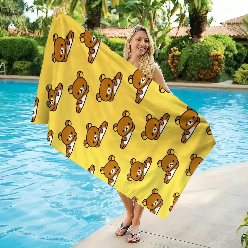 Toalla de Playa con Estampado Integral R-Rilakkuma, Linda Toalla Amarilla de Secado Rápido, para Piscina, Viajes, Camping y Uso Diario