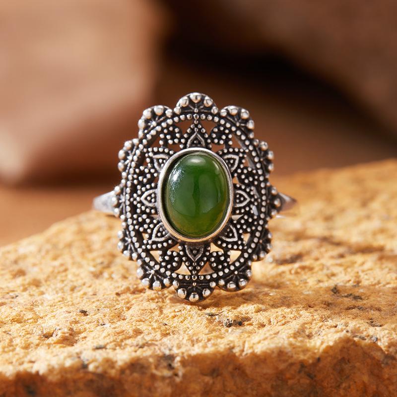 S925 Sterling Silver Retro Thai Silver Colored Treasure Ring Female Court Hollow Pattern Multi-Colored Natural Gemstone Index Finger Ring