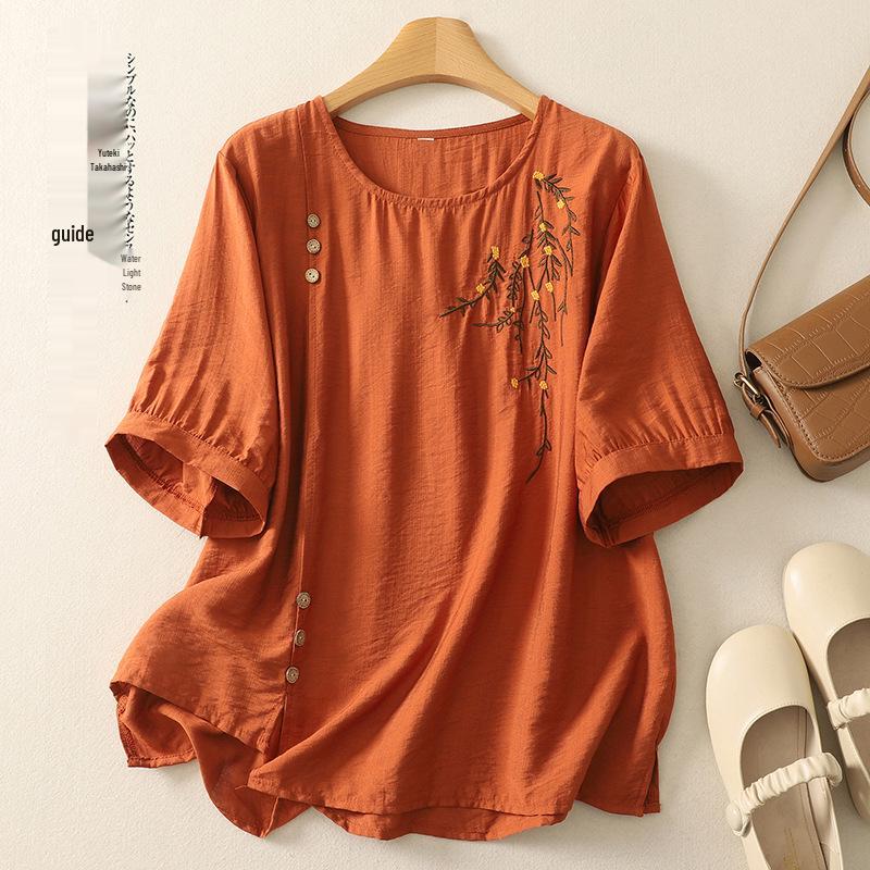 In-Stock Plus Size 2026 Retro Loose Slimming Embroidered Cotton Linen Summer Top for Women XL