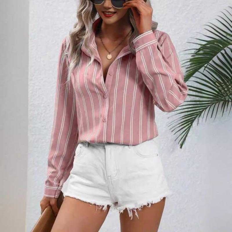 Women's Shirt Autumn Commuting Style Fashion Lapel Blouses Striped Loose Long Sleeved Shirt Women