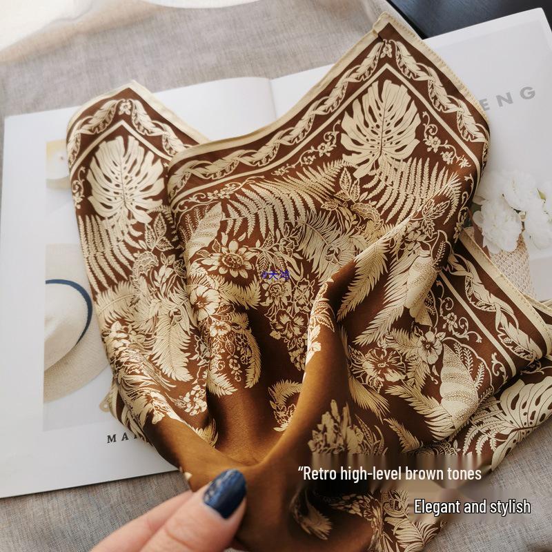 Sunset Retro Brown Banana Jungle Silk Scarf - Thin Mulberry Silk Small Square for Casual Neckwear.