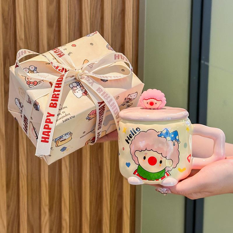 Cute Funny Clown Cup Girl Birthday Gift Couple Ceramic Mug with Lid Spoon Office Breakfast Cup
