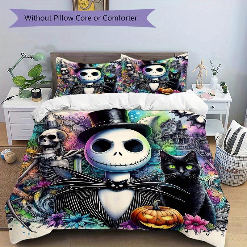 3pcs Halloween Nightmare Before Christmas Ideas Printed Quilt Set - Includes 1 Quilt Cover and 2 Pillowcases, Machine Washable - Suitable for All