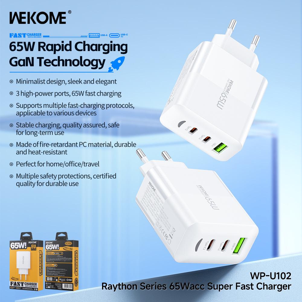 Wekome Thor 65W GaN Charger, 2 USB-C & 1 USB-A Ports, Compatible with US/UK/EU, Fast Charging Adapter WP-U102