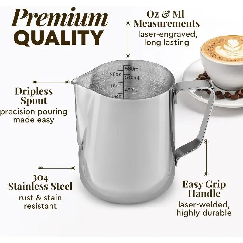 Milk Frothing Pitcher Espresso Steaming Pitchers Stainless Steel Frother cup with Decorating Art Pen,Coffee Cappuccino Latte Art