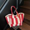 New fashion student versatile tote bag wide stripe canvas bag contrasting color large capacity portable shoulder bag women