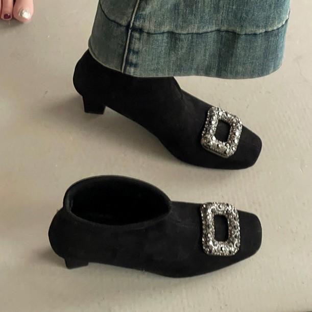 Fashion Retro Versatile Rhinestone Square Buckle Square Head Suede Women's New Autumn and Winter Thick Heel Heightening Medium Boots