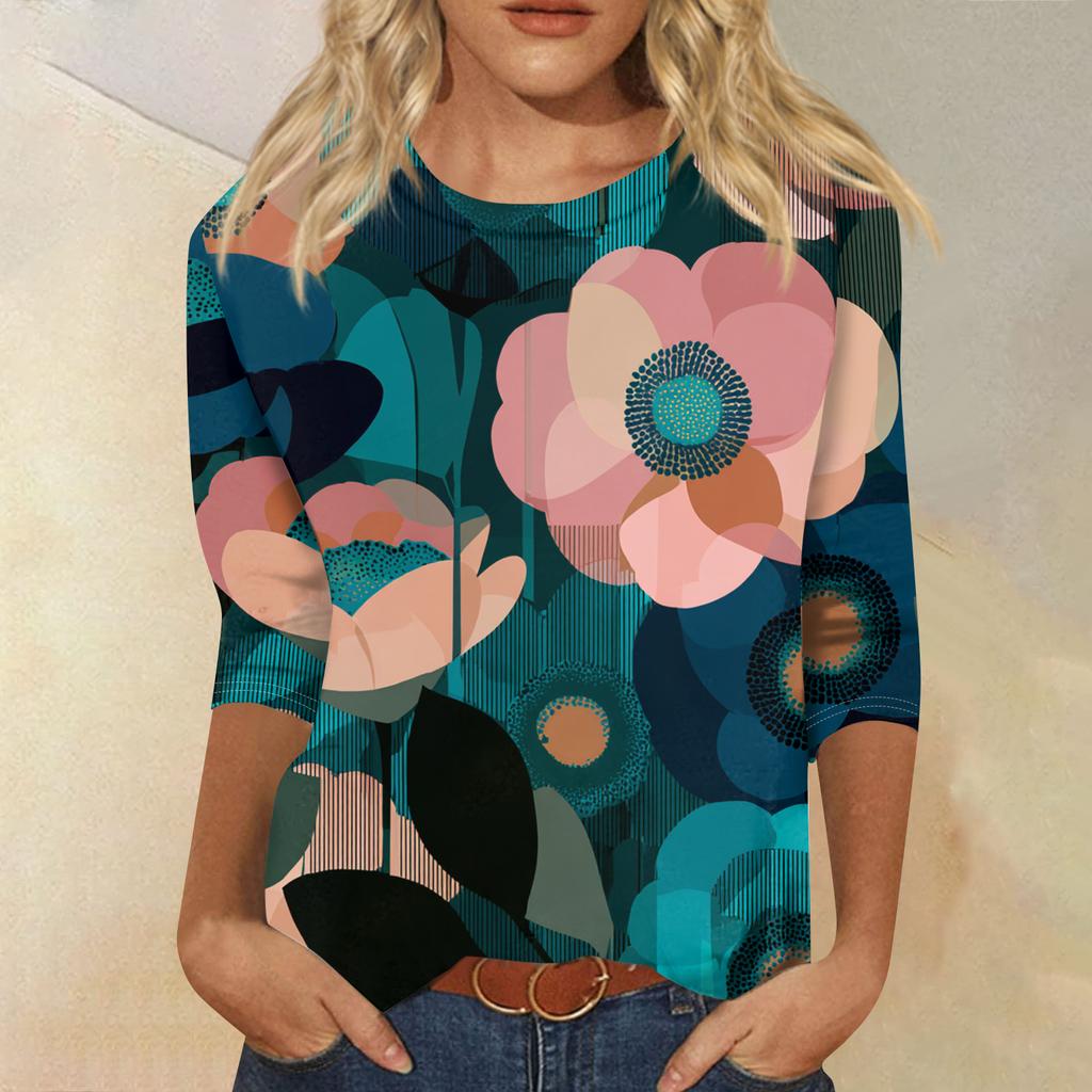 Women's Fashion Casual Round Neck Three-quarter Sleeve Retro Floral Print T-shirt Top