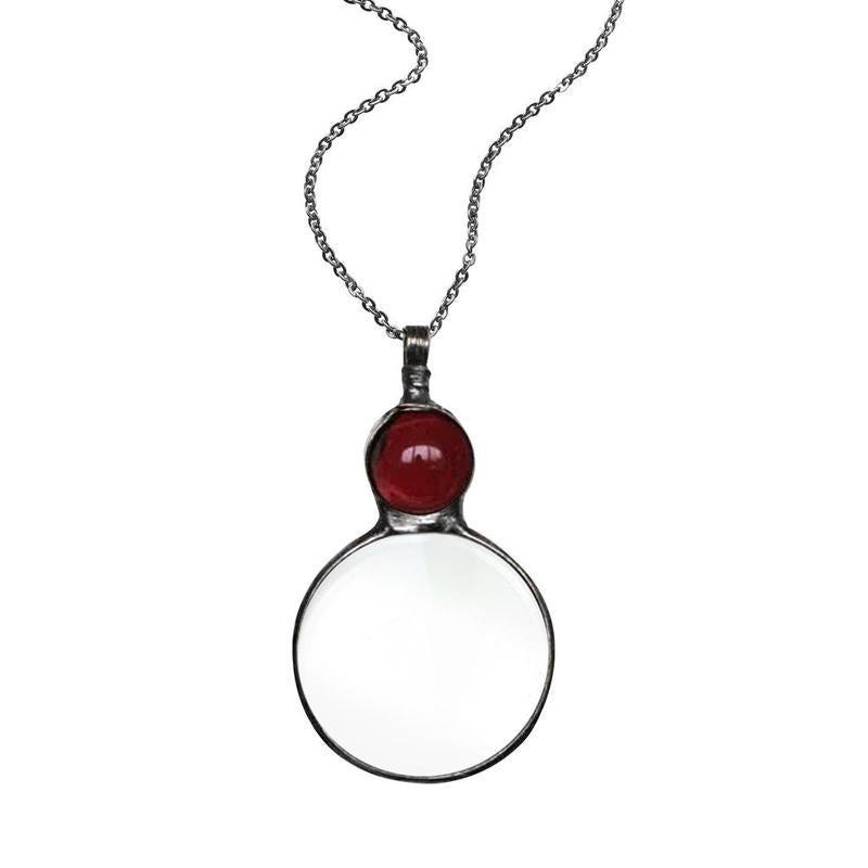 

Vintage Magnifying Glass Pendant Necklace Dark Red Gemstone Gun Black Alloy Chain Jewelry 1pcs красный