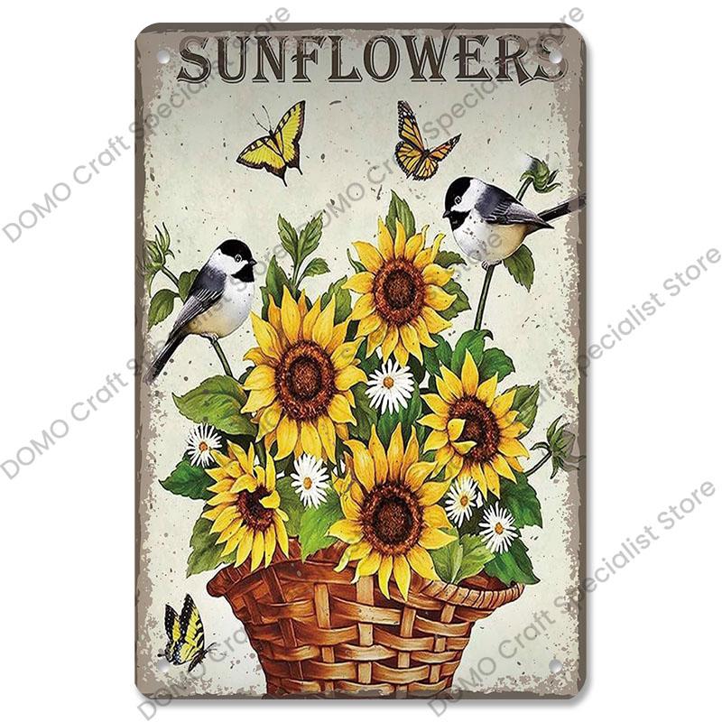 Gartenplaketten, Vintage-Metallblechschilder, Katze, Hund, Sonnenblumen, Mädchen, Metallplatte, Blumenladen, Herrenhaus, Wohnzimmer-Wanddekoration