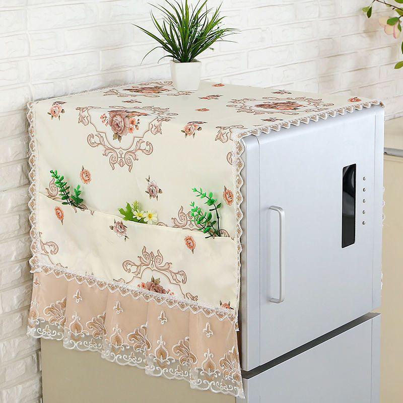 Rural Style Refrigerator Dust Cover with Lace Embroidery Patterns Anti Dust and Anti Stain Universal Size Double Door Refrigerator Decorative Cover