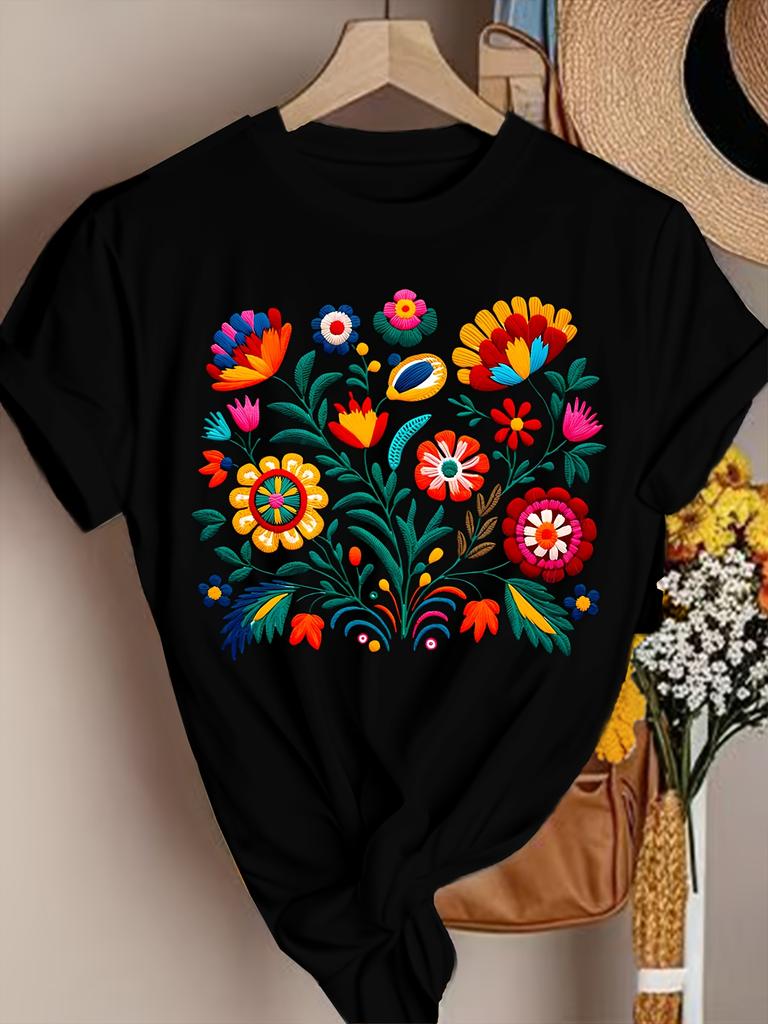Mexican Embroidery Floral Women's Tee - Vibrant Folk Art Graphic, Casual Black Top