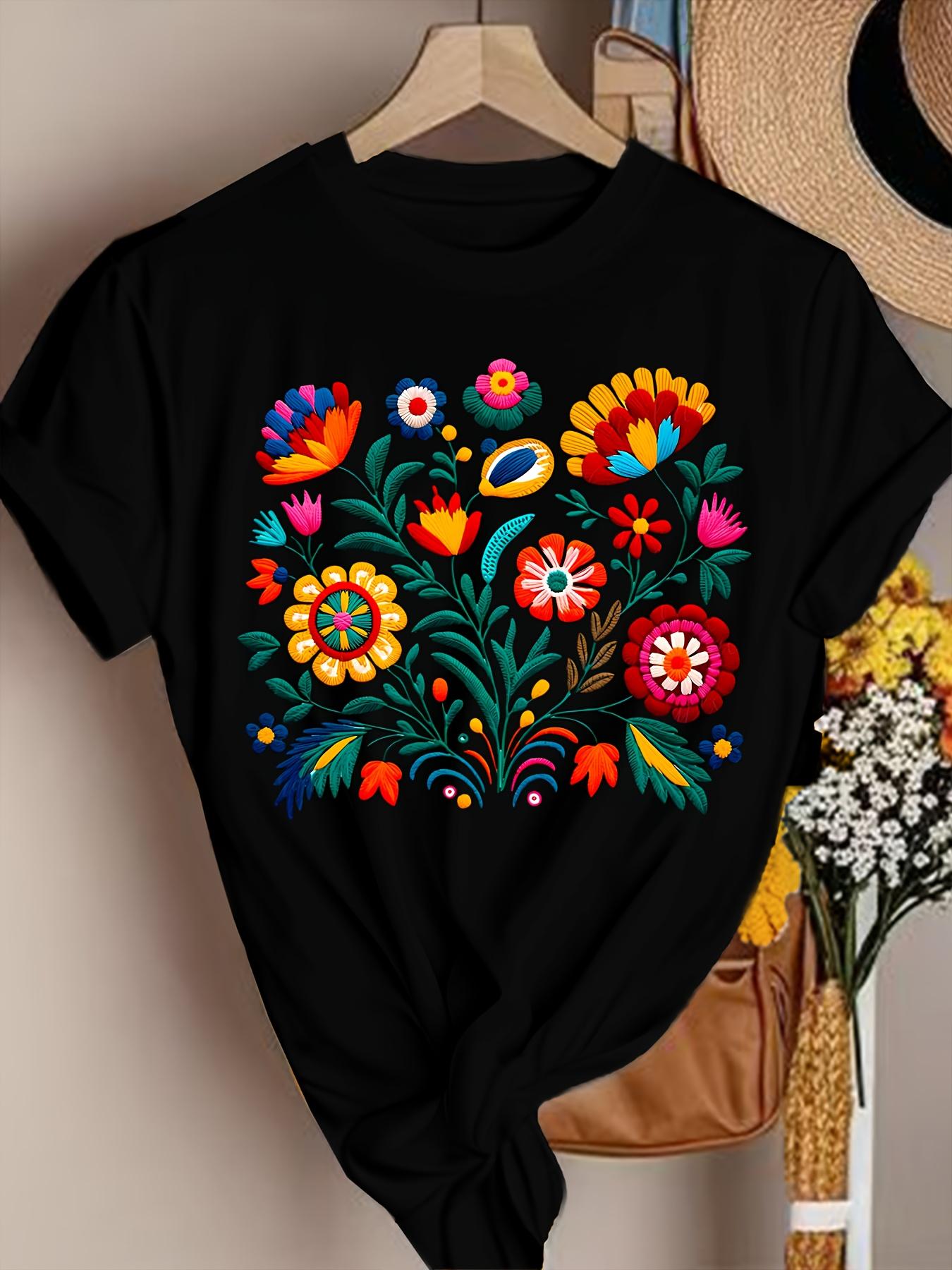 Women s T-shirt Adorned with Mexican Flowers—a Vibrant Folk Art Design, Black Casual Top.graphic T Shirts Women Clothing Y2K Top S