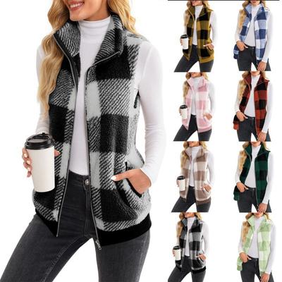 Mulheres outono inverno colete casaco sem mangas gola grossa pelúcia pescoço proteção fechamento com zíper cardigan cor combinando bolsos xadrez senhora colete
