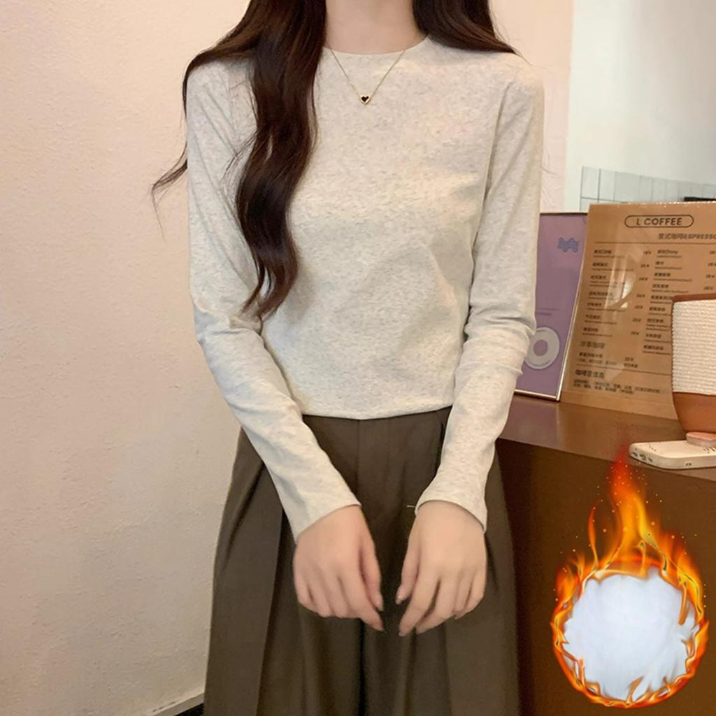 Amerykańskie retro elastyczne dopasowane T-shirt z długim rękawem na prawe ramię dla kobiet jednolity kolor okrągły dekolt podstawowa koszulka bazowa zakrywająca ciało