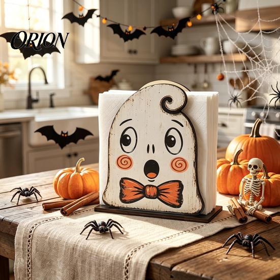 Solid Wood Napkin Rack Halloween Wooden Holder, Ghost Mummy Pumpkin Gothic Holder Rustic Tabletop Tissue Dispenser for Farmhouse Dining Table