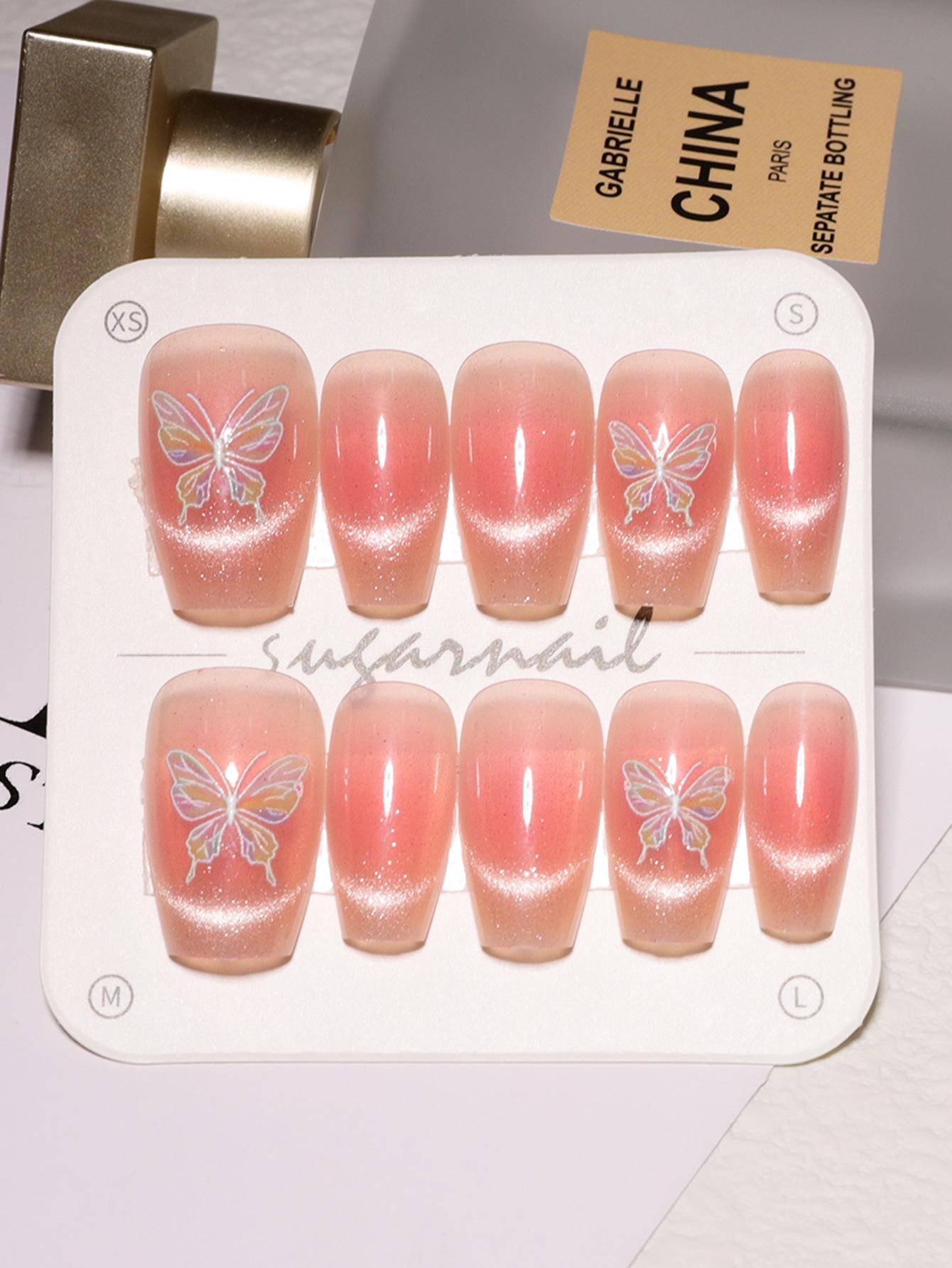 

Набор носимых накладных ногтей Бабочка и кошачий глаз - Милые короткие маникюрные элементы