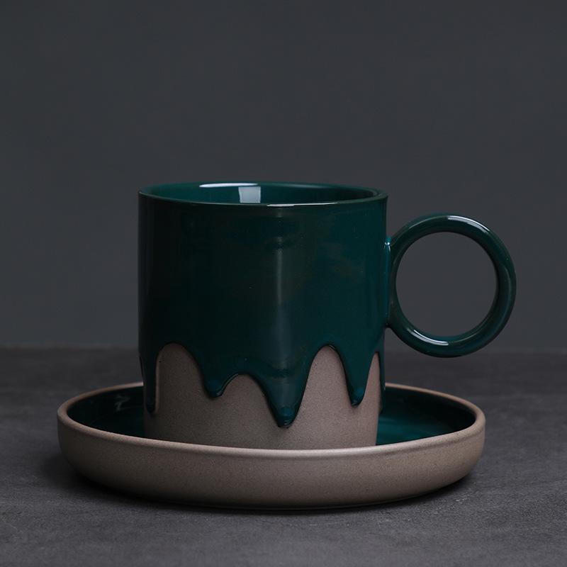 Vintage Glasierte Kaffeetasse und Untertasse Set Grobkeramik Latte Zuhause Kreativer Keramikbecher Wasserbecher Dekoration Heimtasse 200ML