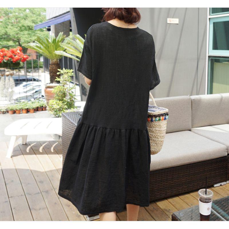 Kong Style Plus Size Women's Clothing Leather Pink with Round Neck Cotton and Linen Simplicity Casual Mid Length Long Length Short Sleeve Dress Dress