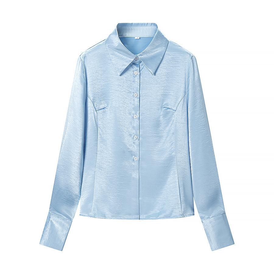 European and American style, new women s clothing, chic, fashionable, versatile single-breasted slimming shirt S синий