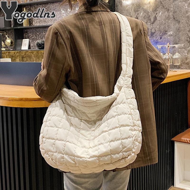 Μοντέρνα Καπιτονέ Τσάντα Ώμου Χώρου Βαμβακερή Τσάντα Χειρός Πορτοφολάκι Γυναικεία Μεγάλης Χωρητικότητας Τσάντα Tote Με Πούπουλα Πουπουλένια Γεμισμένη Τσάντα Ψωνίσματος