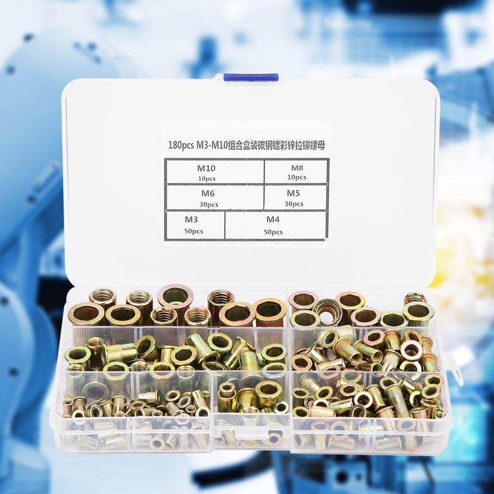 180pcs M3 M10 Rivet Nut Kit Zinc Plated Carbon Steel Flat Head Threaded Insert Rivet Nutsert