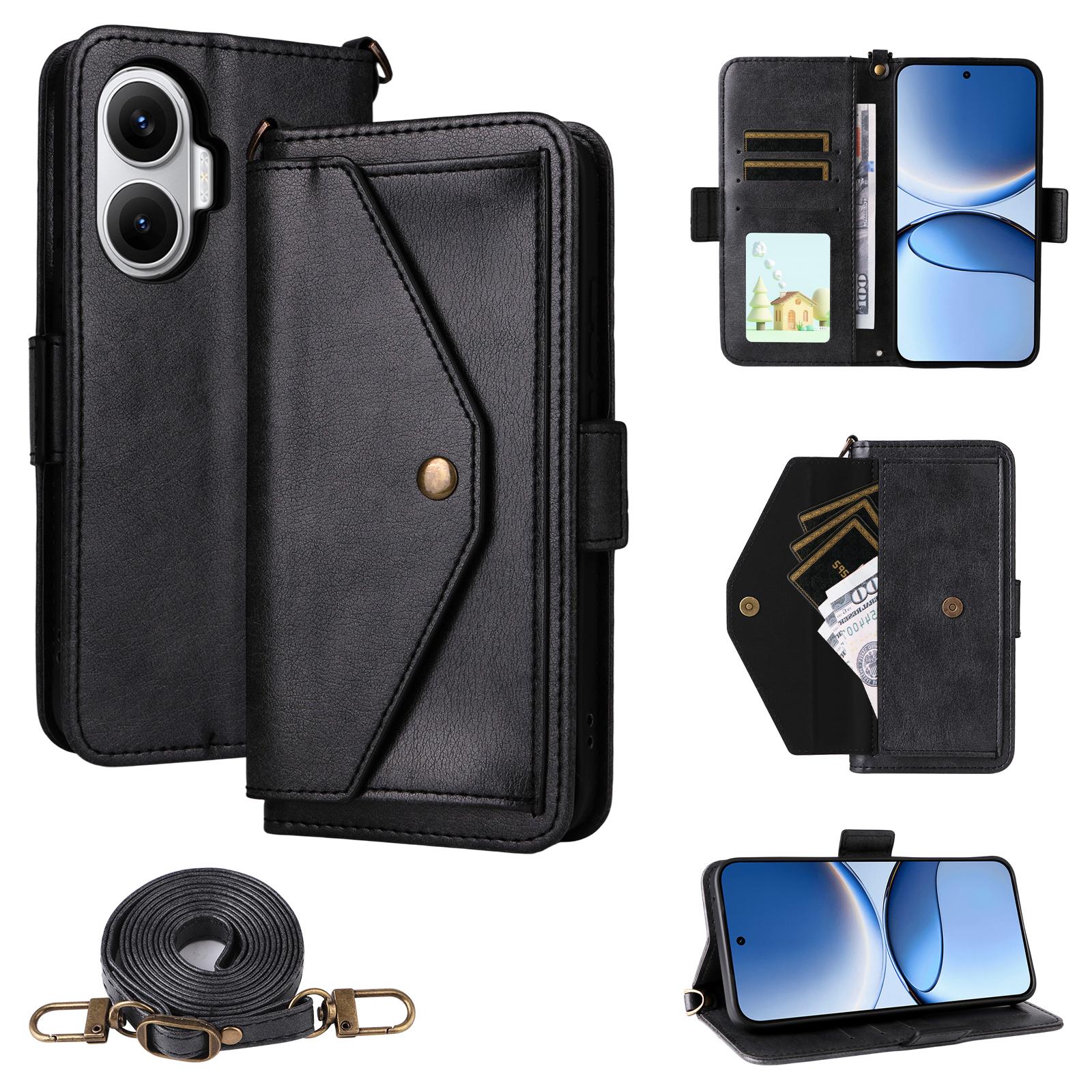 

For Xiaomi Redmi Turbo 4 Pro 5G/Poco F7 5G Leather Case Magnetic Closure Wallet Stand Phone Cover with Crossbody Strap Black