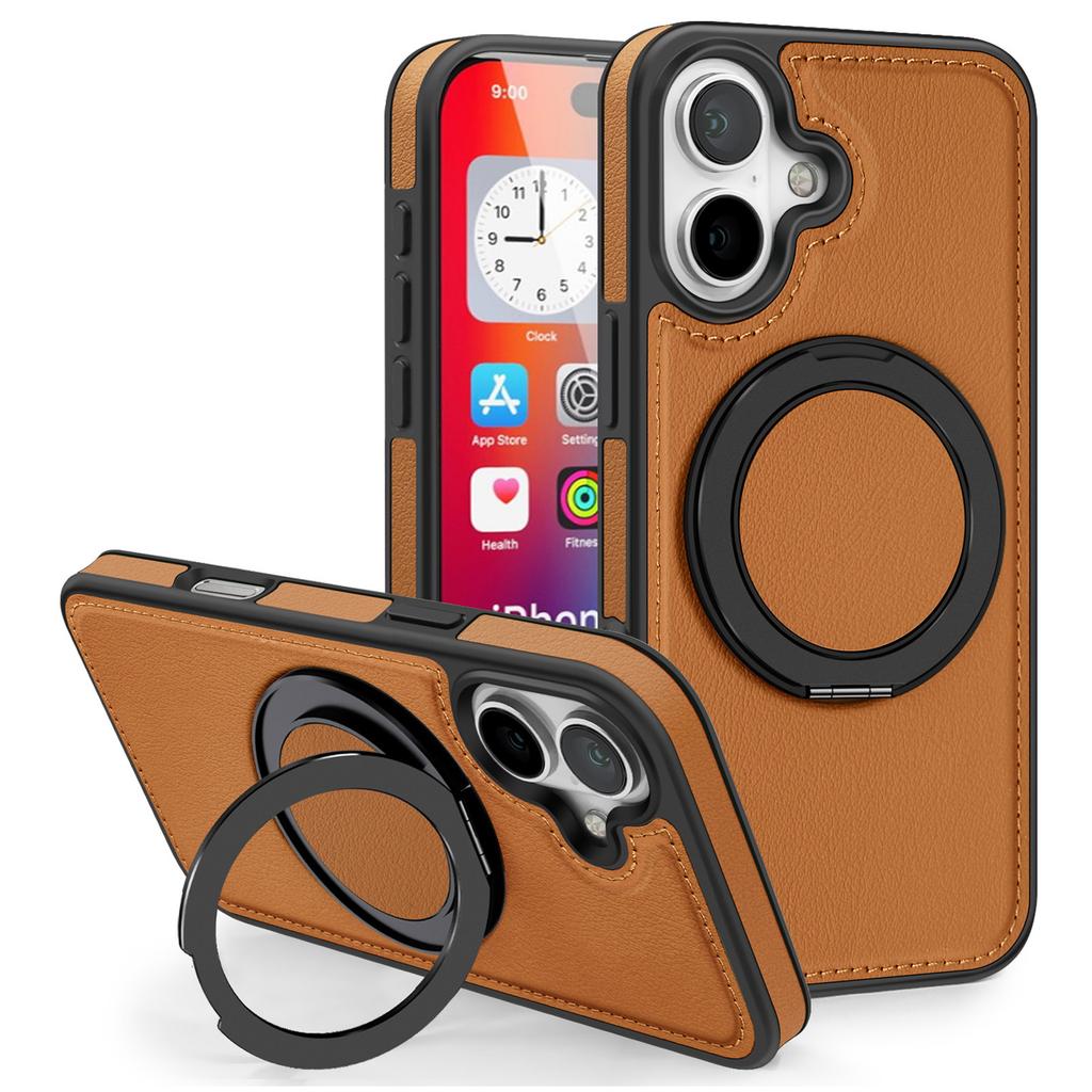 Etui do iPhone'a 16 z pierścieniem i podstawką, kompatybilne z MagSafe, tył z skóry PU