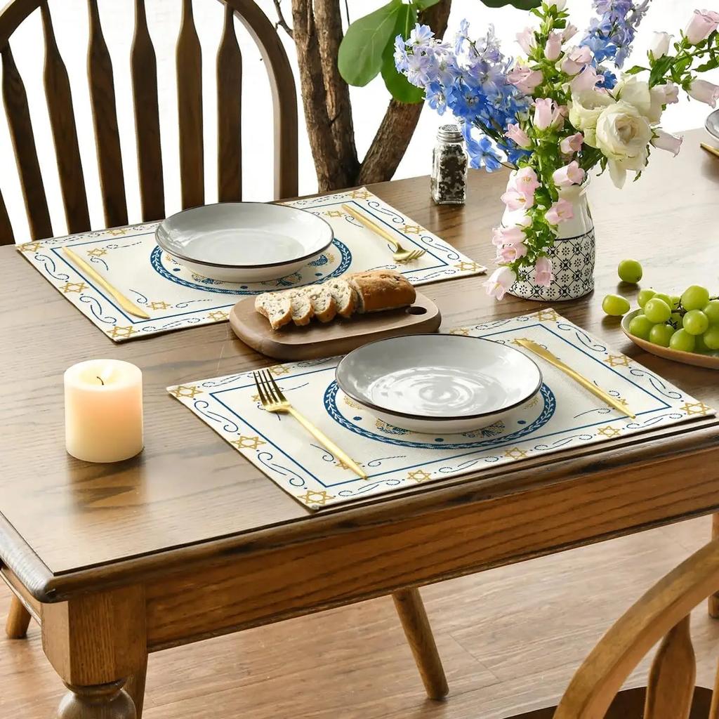 4 Stück Frohes Pessach Leinen-Tischsets Küchentisch-Dekoration Seder-Teller Pessach-Matze Davidstern Jüdische Party-Tischsets Dekoration