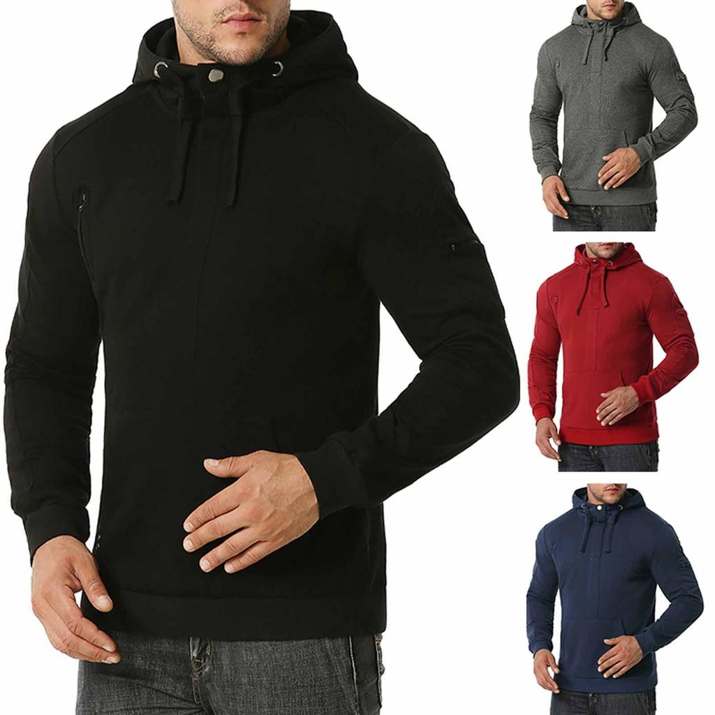 Pánská plus sametová mikina přes hlavu na zip s dlouhým rukávem a kapucí
