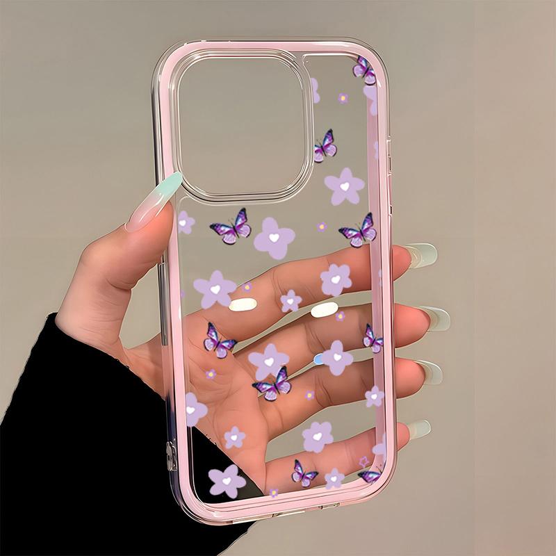 Funda de Teléfono Transparente Rosa de TPU con Mariposa y Flor Morada Para iPhone 11 12 13 14 15 16 17 Pro Max Plus Cubierta de Silicona a Prueba de Golpes
