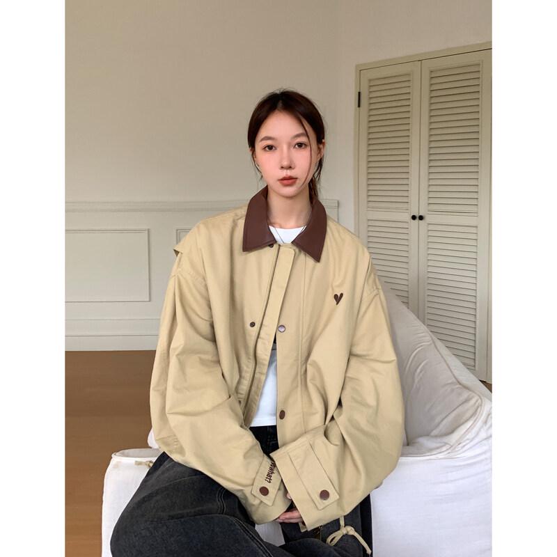 ICH MODE Korean Retro Patchwork Leather Collar Jacket XL