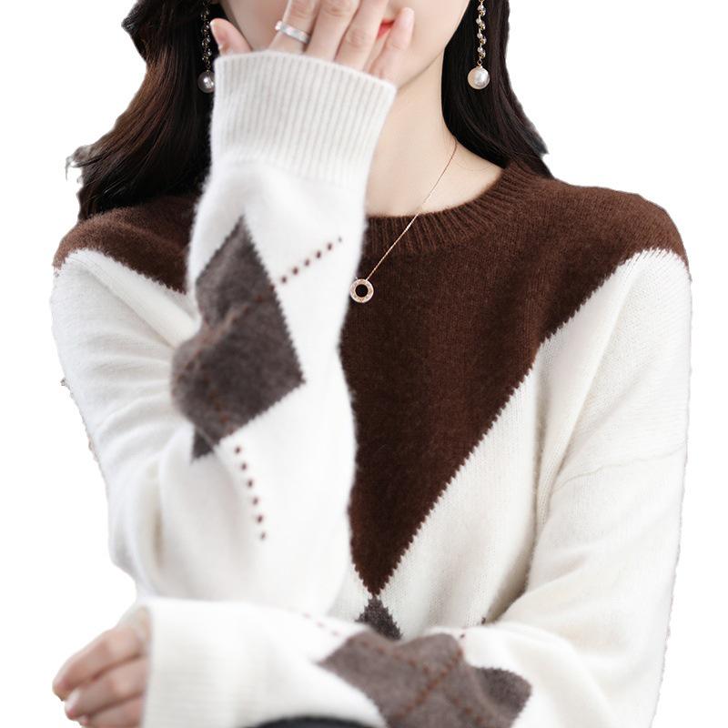 Women's Loose-Fit Cashmere Sweater - Diamond Pattern, Color Block, Round Neck, Autumn/Winter