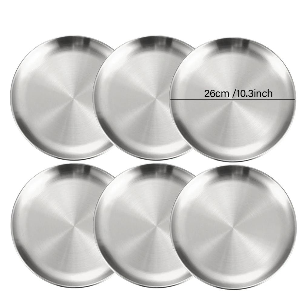 6Pcs Stainless Steel Metal Round Dining Disc Bone Spitting Dish High Quality Shallow Tray Silver BBQ Disc Kitchen Plate
