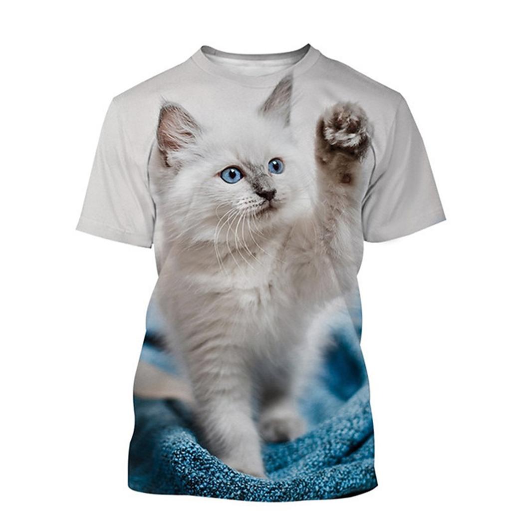 Summer Casual Short Sleeved T-shirt New 3D Plush Cat Fun Kitten Print Personalized Versatile T-Shirts