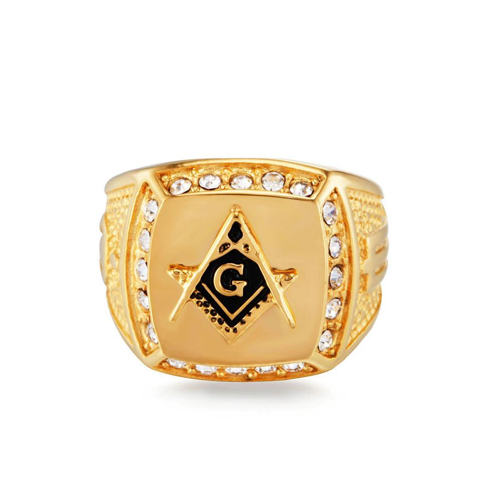 Men Ring Luxury Gold Color Masonic Titanium Jewelry Geometrical Design Crystal Masonic Rings Fashion Jewelry